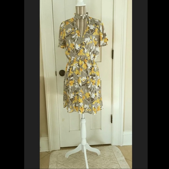 Floral Choker Collar Surplice V Elastic Waist Day Dress Peach Love S Grey Yellow - Picture 10 of 16